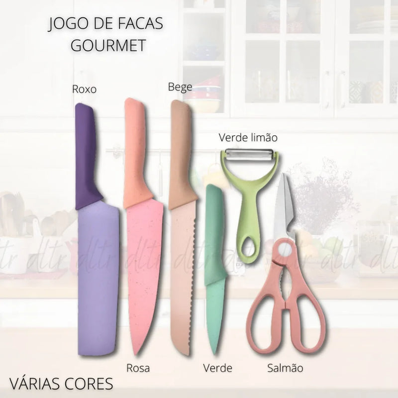 Kit Facas e tesoura, Profissional Colorido em Aço Inoxidável com 6 Peças para Churrasco e Cozinha