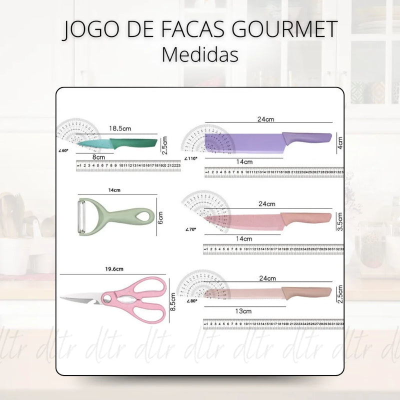 Kit Facas e tesoura, Profissional Colorido em Aço Inoxidável com 6 Peças para Churrasco e Cozinha