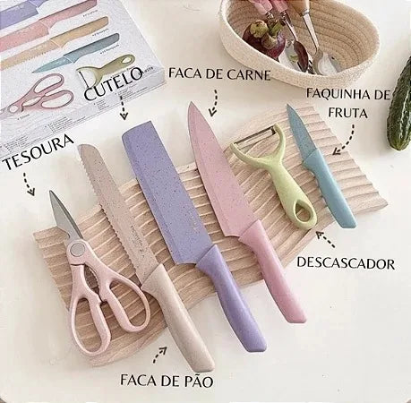 Kit Facas e tesoura, Profissional Colorido em Aço Inoxidável com 6 Peças para Churrasco e Cozinha