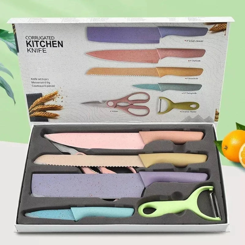 Kit Facas e tesoura, Profissional Colorido em Aço Inoxidável com 6 Peças para Churrasco e Cozinha