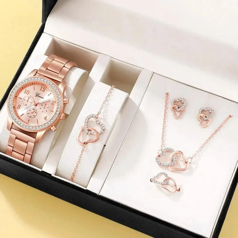 Rose Gold Relógio de luxo para mulheres, relógio de pulso, anel, colar, brinco, strass, casual, senhoras pulseira relógios, sem caixa, 6pcs set