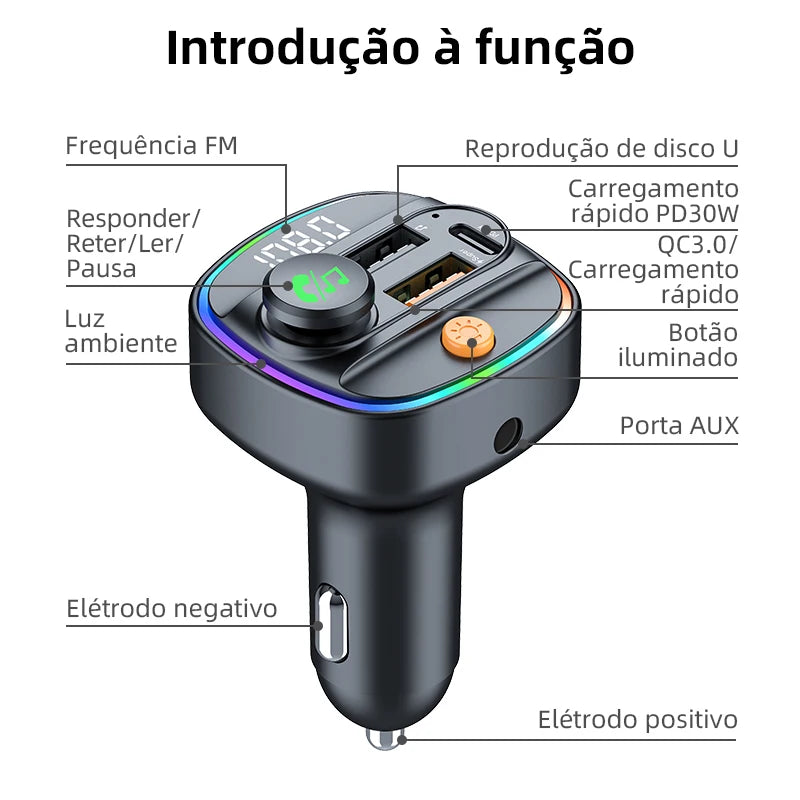 Bluetooth 5.3 Transmissor FM Handsfree Carro AUX Rádio Modulador MP3 Player com 22.5W & PD30W Adaptador de Carga Rápida Acessórios Do Carro