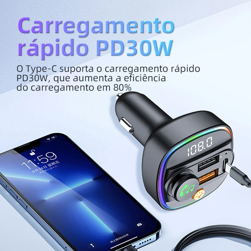 Bluetooth 5.3 Transmissor FM Handsfree Carro AUX Rádio Modulador MP3 Player com 22.5W & PD30W Adaptador de Carga Rápida Acessórios Do Carro