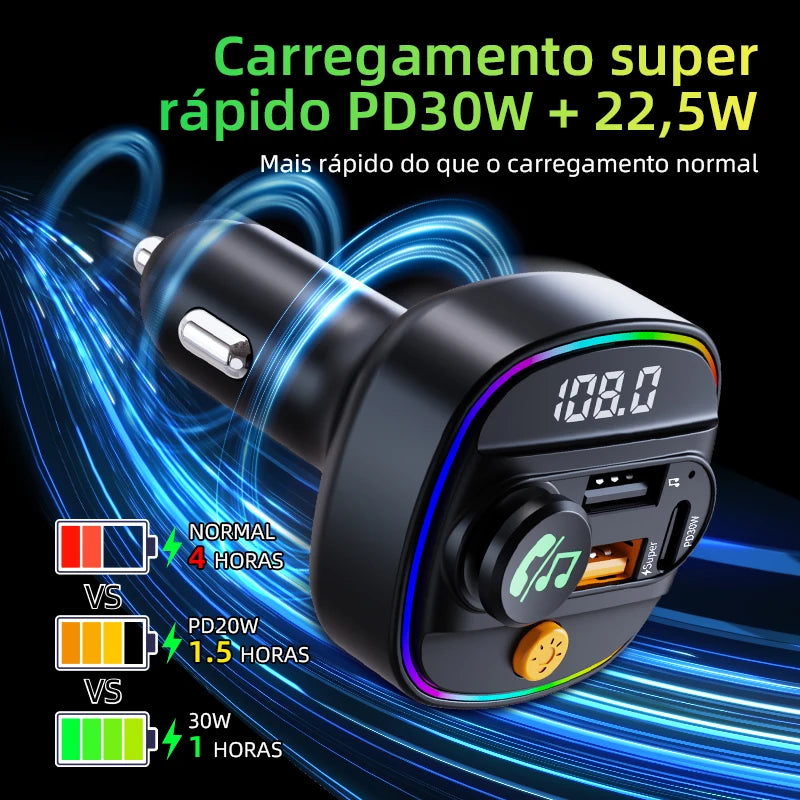 Bluetooth 5.3 Transmissor FM Handsfree Carro AUX Rádio Modulador MP3 Player com 22.5W & PD30W Adaptador de Carga Rápida Acessórios Do Carro