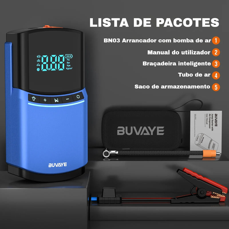 BUVAYE-4 em 1 carro salto starter bomba de ar, 150PSI pneu Compressor, 2000A Starter dispositivo, 10000mAh Power Bank, bomba inflável digital